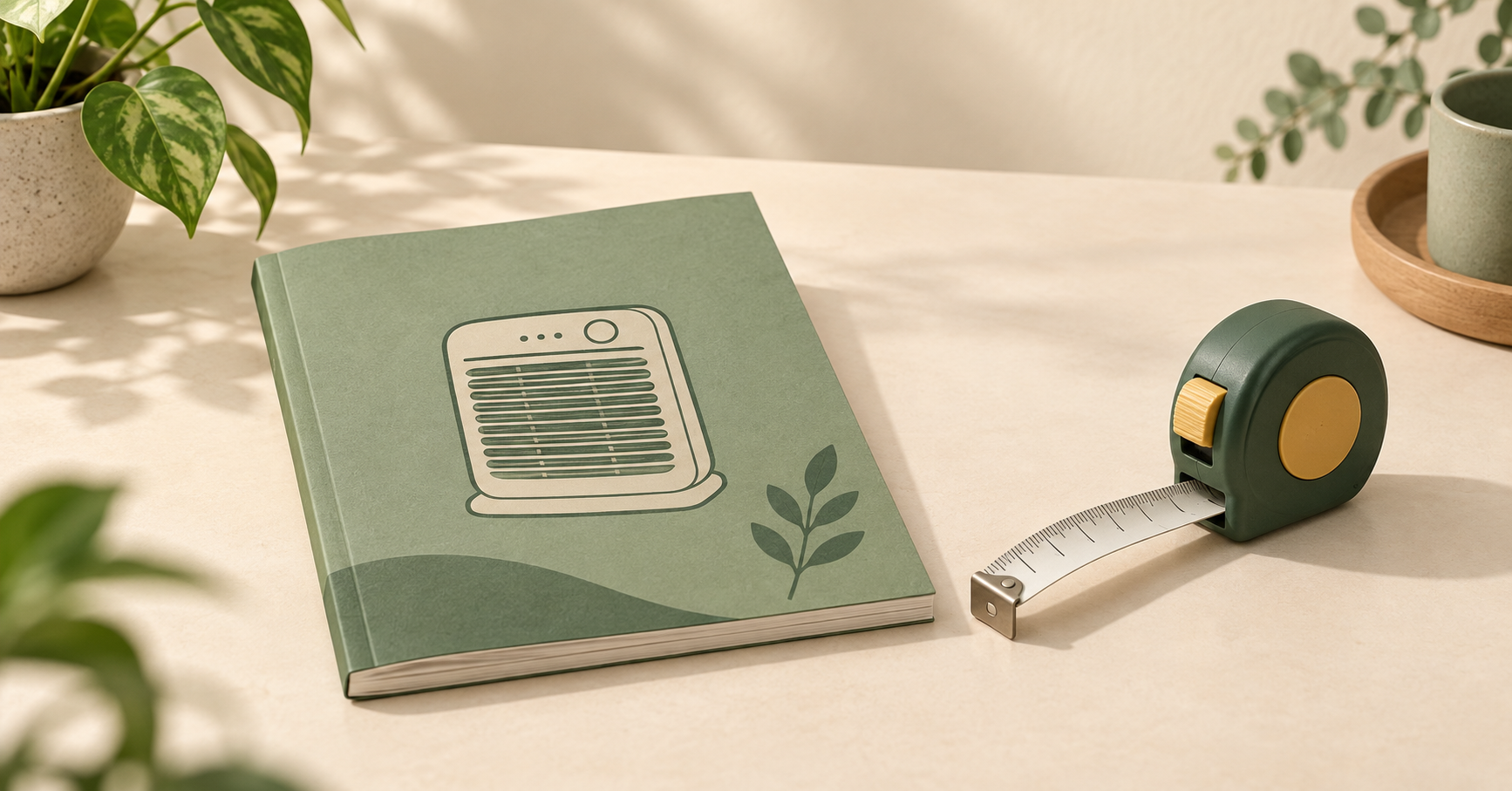 暖房器具の図が表紙にある説明書と、設置場所を測るメジャーのイラスト