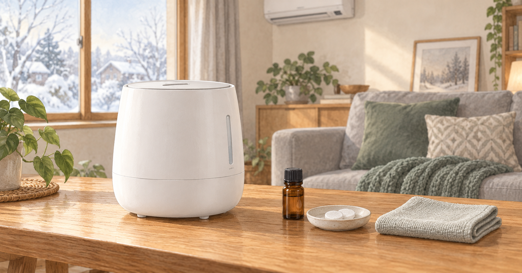冬の居間で加湿器と、ふたを閉めた香料の瓶、交換用パッド、手入れ用の布を並べたイラスト