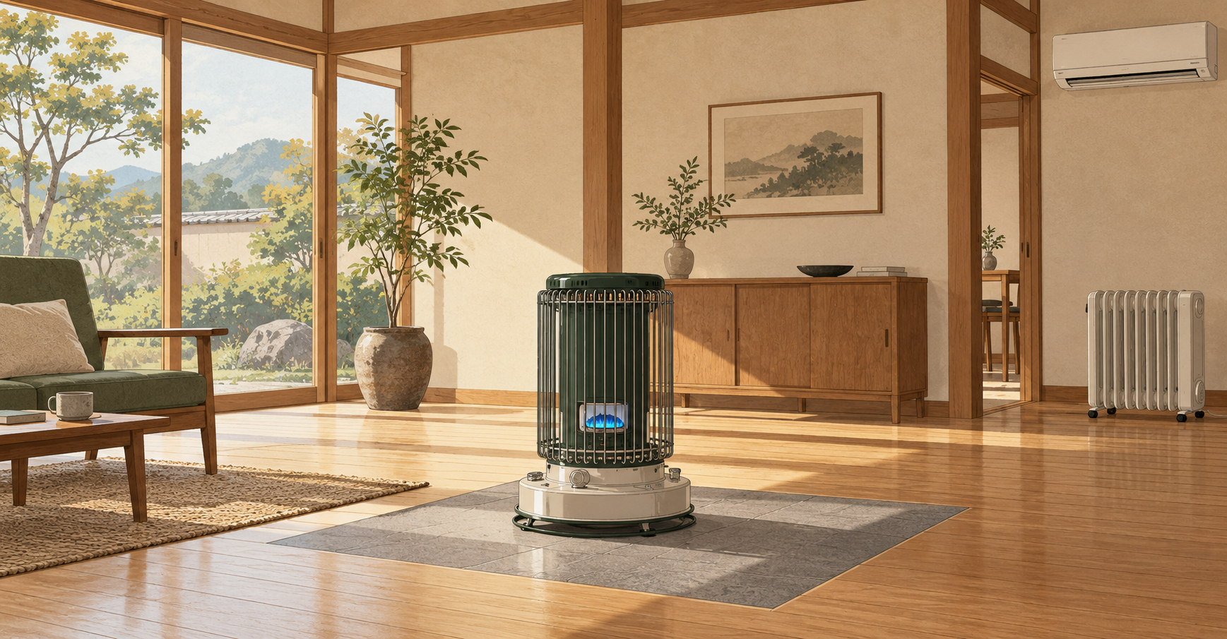 石油ストーブとオイルヒーター、エアコンのある部屋のイラスト