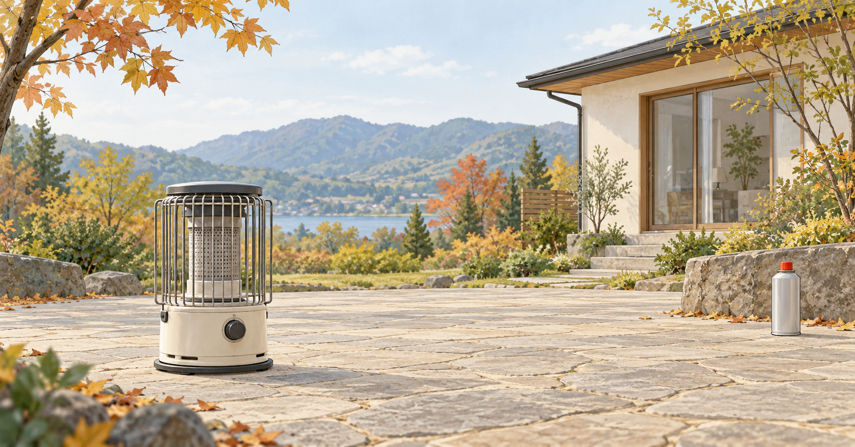 屋外の平らな石床に置いた消火状態の暖房器具と、離して置いたボンベのイラスト